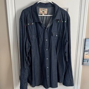 Western Aloha Denim Shirt Flower Embroidery with Pearl Snap Buttons